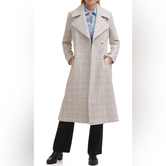 Karl Lagerfeld Tweed Belted Long Coat size Large - Picture 2 of 14